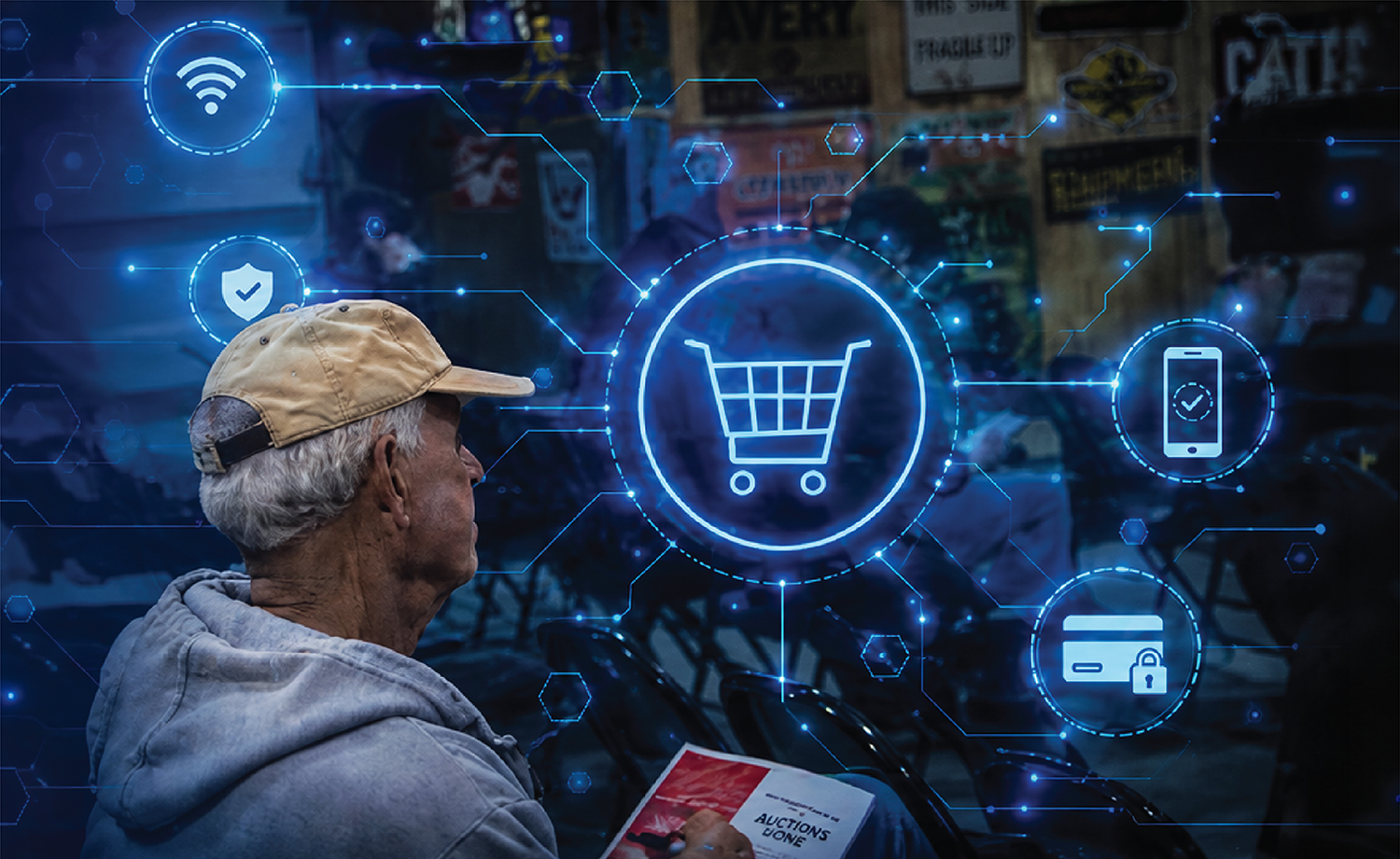 Man at Auction with Shopping Cart Technology Overlay